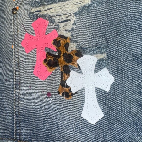 Chrome Hearts Jean Shorts Jorts Size 34 Cheetah Print Pink Crosses - Picture 2 of 14